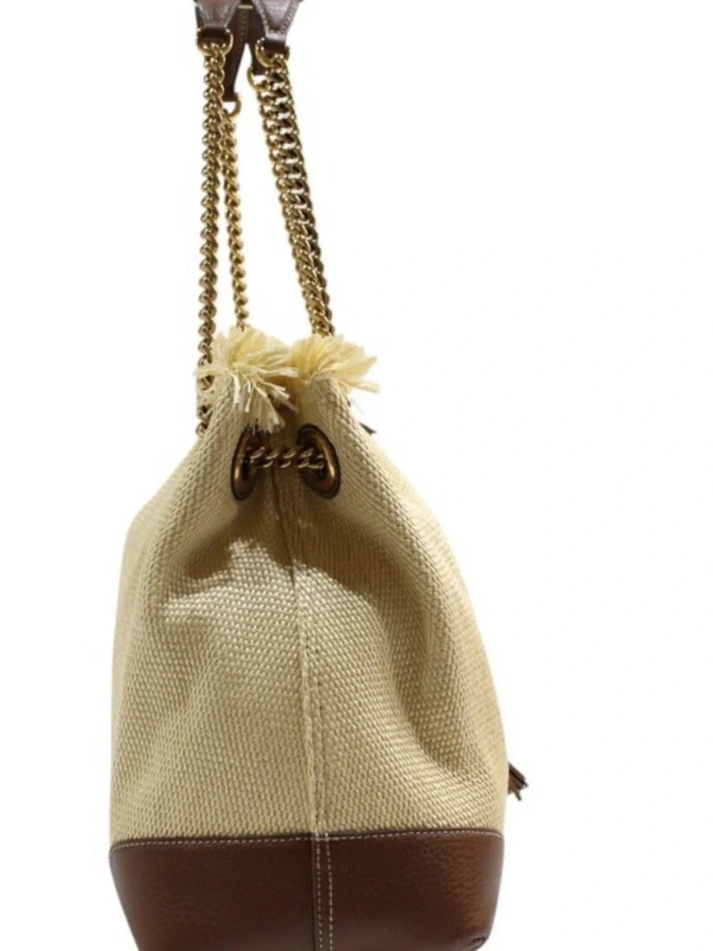 Gucci Beige raffia Shoulder Bag with Brown Leather Trim and Gold Chain